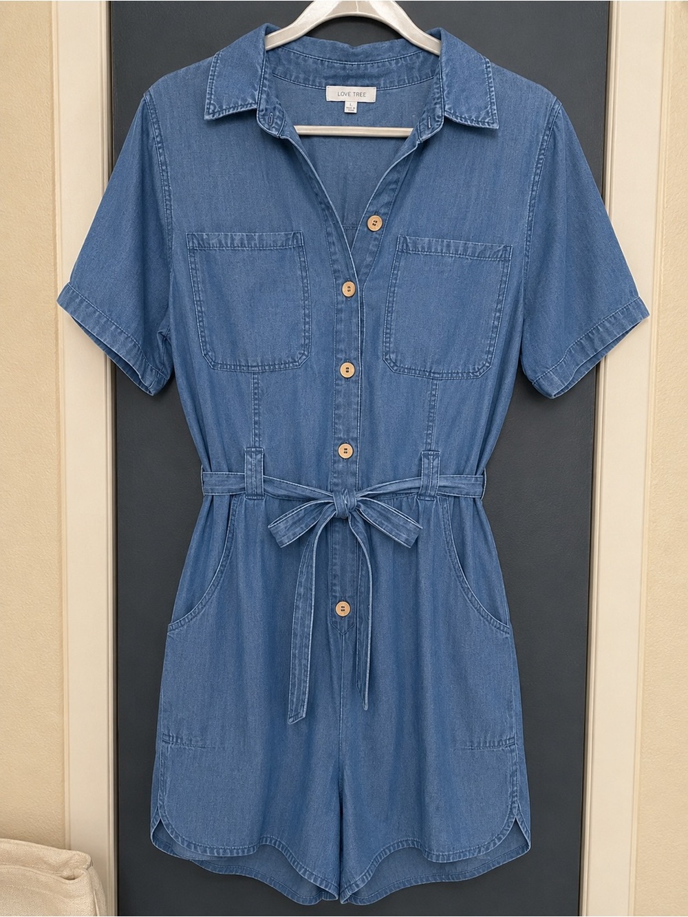 Love Tree Denim-Style Button Front Romper in Blue